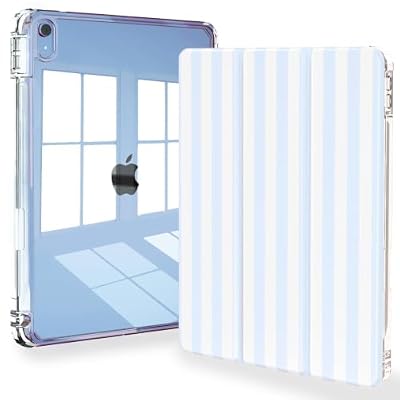 Feams Case for iPad (A16) 11th Generation 11 Inch 2025, iPad 10th Generation 10.9 Inch 2022, Slim Tri-Fold Stand Clear Back Cover with Pencil Holder & Auto Sleep, Blue Striped