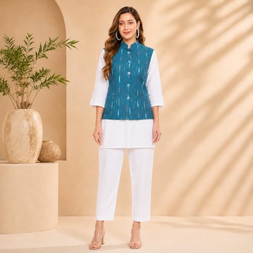 Image of Vastraa Fusion Women's Ikat Cotton Nehru Jacket Printed Waistcoat Sleeveless Mandarin Collar Button Front Ethnic Casual Wear