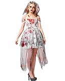 Halloween Zombie Bride Costumes for Women, Sleeveless Bloody Pattern Dresses with Veil Headband, XL Plus