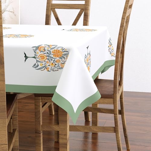 Image of BLOCKS OF INDIA Hand Block /Batik Print Rectangular Table Cloth for 6 Seater Dining Table (60 Inch X 90 Inch)(Green Tree of Life)