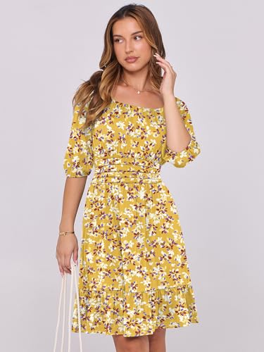 Image of ANRABESS Womens Lantern Short Sleeve Square Neck Casual Flowy Mini Dresses 2026 Holiday Summer Spring Beach Vacation Clothes