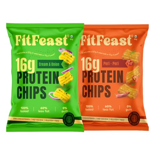 Image of FitFeast Protein Chips - Variety Pack of 12 | 6 x Peri Peri and 6 x Cream and Onion | 60 g Each | 16g Plant Protein Per Pack | Baked, Not Fried | Multigrain Snacks | As Seen on Shark Tank