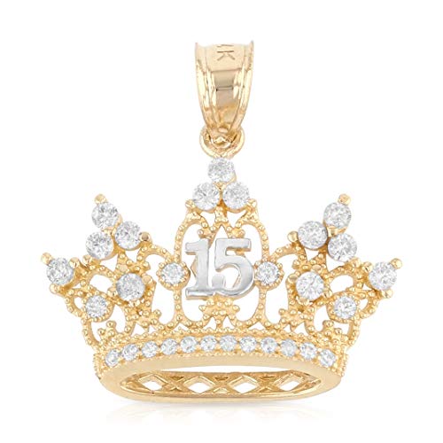 Ioka - 14K Yellow Gold 15 Years Quinceanera Princess Crown or Tiara CZ Charm Small Pendant For Necklace or Chain