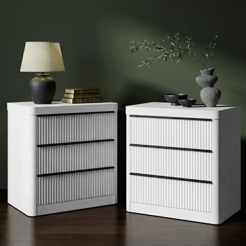 Image of FUSUNBAO Fluted Night Stand Set of 2 with Charging Station,3 Drawers Large End Table with Storage,Natural Nightstand Wood Bedside Tables,Farmhouse Cabinet Dresser for Bedroom,Sofa Table (White Oak)