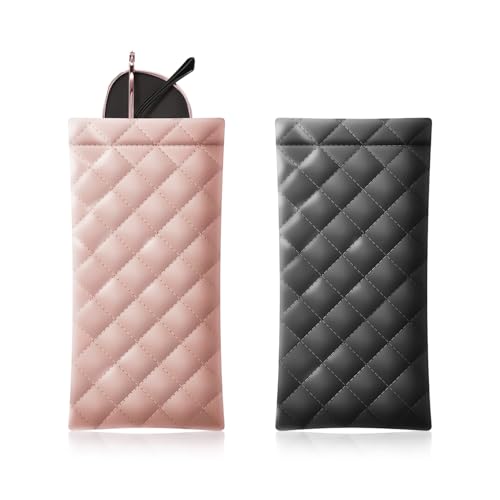 Yantoers 2 Piece Soft Sunglass Case PU Leather Squeeze Top Eyeglass Case Portable Sunglass Pouch Organizer Bag (Black Pink)