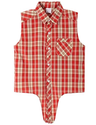 Image of Noomelfish Girls Sleeveless Plaid Button Down Shirt Tie Knot Blouse Tank Tops, Red Plaid, Size 5-6 Years