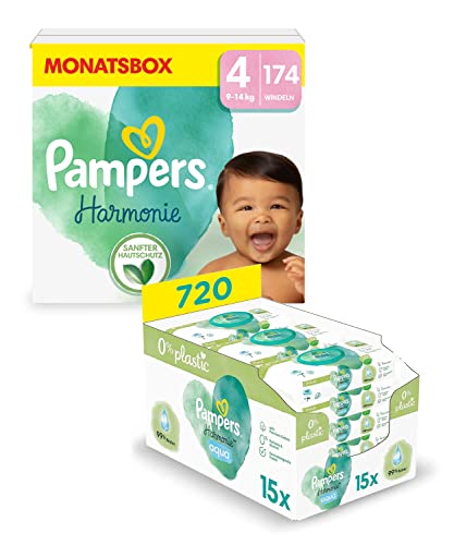 Pampers Harmonie Aqua Baby Set mit Windeln Größe 4 (9-14kg, 174 Stück), MONATSBOX, und Aqua Baby Feuchttücher, 720 Tücher (15 x 48), Baby Erstausstattung
