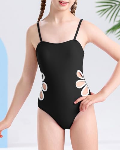Century Star Girls Swimsuit Bathing Suit Teen One Piece Swimsuits Adjustable Straps Cut Out Quick Dry Swimwear Black 14-15 Years2