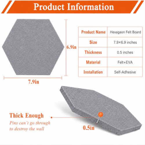 Image of Quiet Canvas Hexagon Pinboard, 1x1 ft, Pack of 8, 50 PushPins, (Grey)