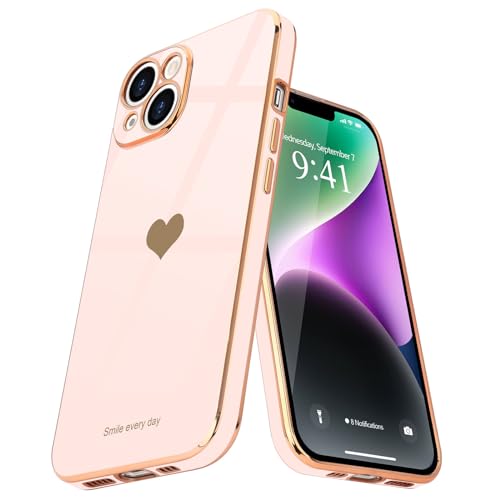 Teageo for iPhone 14 Case for Women Girl Cute Love Heart Luxury Electroplate Plating Soft Bling Back Cover Raised Full Camera Protection Bumper Silicone Shockproof Phone Case for iPhone 14, Light Pink by Teageo - Used condition - CA$7.24
