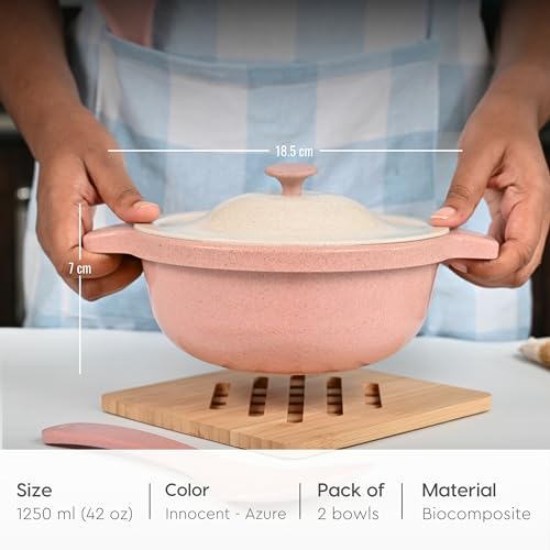Eha Earth Friendly Serving Bowls with Lid | Microwave Safe | Made with Rice Husk and Bamboo Fibers | 1250 ml Each | Set of 2 | Azure-Innocent