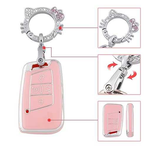 Image of Pangpai Pink Key Fob Cover for VW Volkswagen, Soft TPU Key Case Protection with Bling Keychain Fit for Tiguan Atlas Jetta Passat Golf Alltrack Smart Key