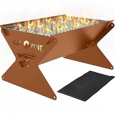 GasOne 15” Portable Charcoal Grill – Foldable BBQ Grill – Camping Grills for Backyard, Bonfire, Patio – Heavy-Duty Portable Fire Pit – Camp Cooking Gear, Brown