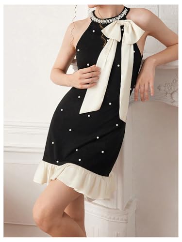 SweatyRocks Girl's Bow Pearl Sleeveless Princess Dress Color Block Ruffle Hem Summer Dresses2