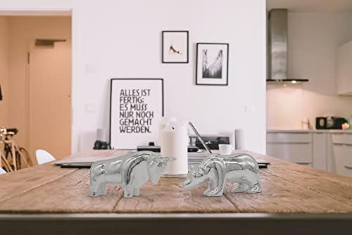 Desk statue bull and bear as a symbol for stock market & Wall Street - modern office decor sculpture in silver ceramics - decorative pair figure as for desk decor & living room