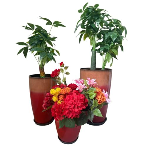 MinCHI257 24,21,11 Inch Large Plastic Planters with Drainage Hole and Saucer - Set of 3 Tall Plant Pots Indoor Flower Pot Tall Round Planters Outdoor Large Tall Planter