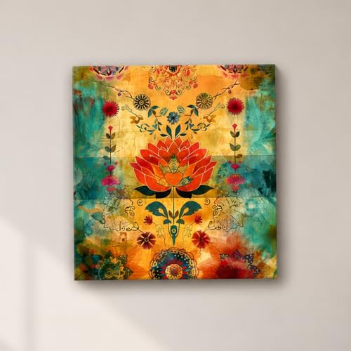 Image of PAINTINGMANTRA Colorful Lotus Artwork Stretched Canvas Painting for Living Room | Bohemian Floral Canvas Wall Decor Art For Livingroom, Bedroom, Office, Hallways - 16x16 Inch