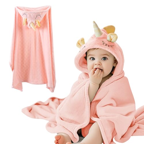 Image of Baby Hooded Towel - Ultra Soft Coral Fleece Bath Towel for Newborn to Toddler (0-5 Years), 32 inch x 50 inch Large Super Absorbent Kids Beach Swim Poncho - Unicorn Pink