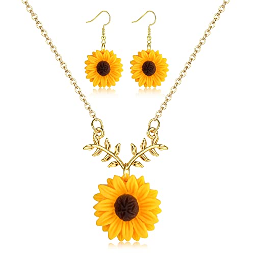HAIAISO Sunflower Dangle Drop Earrings Sunflower Necklace for Women Handmade Sunflower Jewelry Set Gift