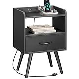Huuger Night Stand with Charger Station, Nightstand with Drawer, Bedside Table, End Table with Solid Wood Feet, Black Nightstand, Side Table for Bedroom