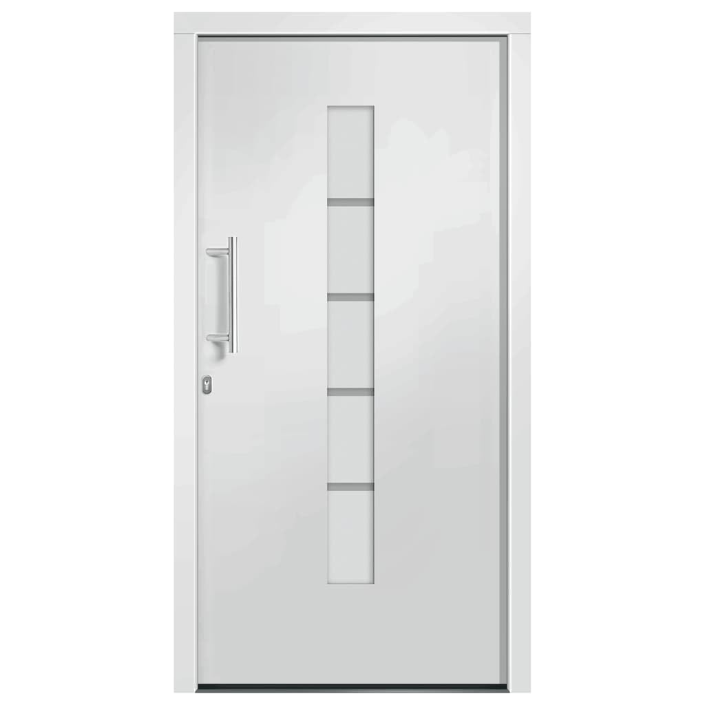Aluminiowe drzwi wejściowe z PCW białe 100 x 200 cm z 5-krotnym zamkiem bezpieczeństwa i przeszkleniem izolacyjnym do strefy wejściowej