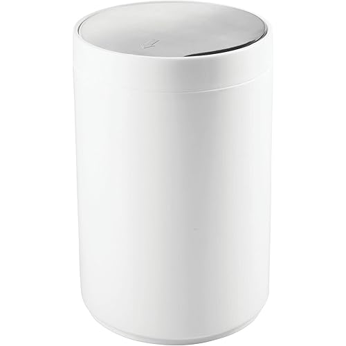 mDesign Small Round Plastic Trash Can Wastebasket, Garbage Container Bin with Swing Top Lid - for Bathrooms, Kitchens, Home Offices - 1.3 Gallon/5 Liter - White/Chrome