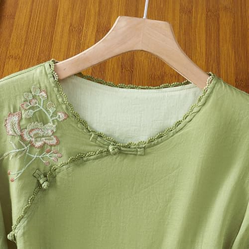 Floral Embroidered Blouse Lace Trim 3/4 Sleeve Tops Retro Chinese Frog Button Tees Shirts Traditional Hanfu Cheongsam4