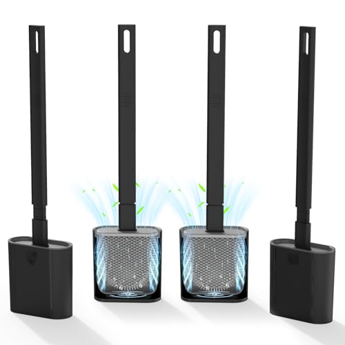 Toilet Brushes, 4 Pack Bathroom Silicone Toilet Brush with Holder Sets with No-Slip Long Plastic Handle and Soft Flexible Bristles, Toilet Brushes and holders and Base for Anti-drip (Black) option