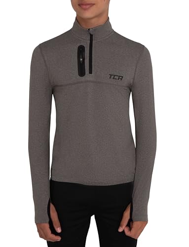 TCA Camiseta Deporte Manga Larga Hombre - Camiseta Deportiva Secado Rápido Fusion Pro Quickdry con Media Cremallera para Niños - Gris/Gris, 12-14 años