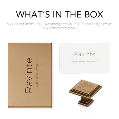 Image of Ravinte 5 Pack 1-3 /16 Inch Antique Brass Kitchen Square Cabinet Knobs Solid Drawer Pulls Single Hole Kitchen Cabinet Hardware Knobs for Cabinets and Drawers
