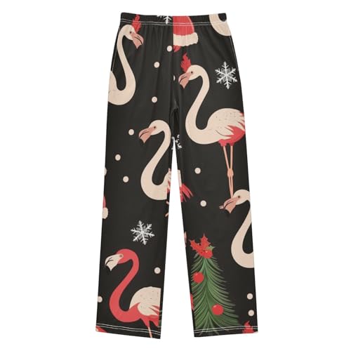 Xmas Flamingo Snow Boys Long Pants Soft Trousers Elastic Waist Kids Lounge Bottoms with Pockets S-XL