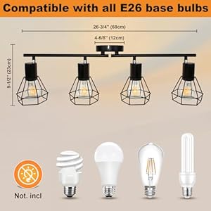 LED Track Lighting Kit 4 Light Adjustable Ceiling Light Fixtures Black Metal Wire Cage Farmhouse Lighting Fixtures for Kitchen Bedroom Hallway E26 Base Bulbs Not Included