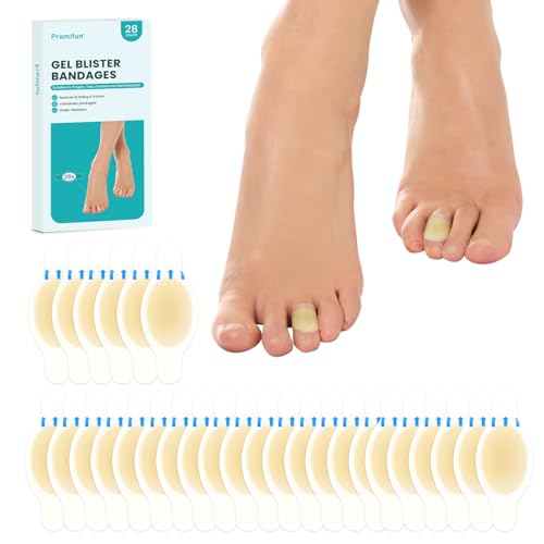 Promifun Blister Bandages Blister Pads - 28 ct Blister Cushions - Water Resistant Hydrocolloid Bandage for Foot, Toe, Heel - Gel Blister Bandages for Prevention & Recovery, Toe Pack