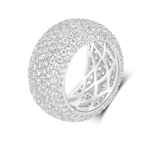 MDFUN 18K White Gold Plated Iced Out Engagement Promise Wedding Eternity Ring for Women Men, Sparkling Cubic Zirconia Rings 12mm Width Size 5-10