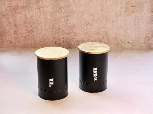 Image of JISCOVERY Airtight Tea & Sugar Container Set of 2| Metal Storage Canister with Wooden Lid for Kitchen| Storage Box for Kitchen Counter Top| 1300 ML| Black