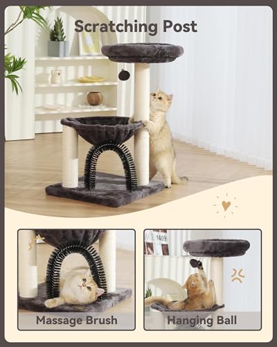 Image of FluffyDream Cat Tree Tower for Indoor Cats, 27.8 Inches Multi-Level Cat Tree with Scratching Posts Plush Basket & Perch for Play Rest, Cat Activity Tree with Dangling Ball for Kittens /Small Cats
