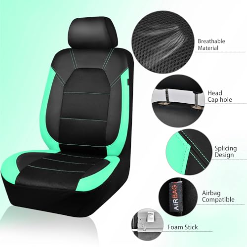 Image of CAR PASS Leather Seat Covers, Breathable Universal Car Seat Cover Full Set for Cute Women Girly,Super 5mm Composite Sponge Inside,Airbag Compatible Fits Most Auto,SUVs,Trucks,Vans(Full Set,Black&Mint)