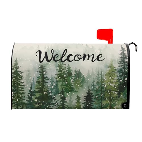 Image of Winter Welcome Mailbox Cover Magnetic Standard Size 21 inchx 18 inch Green Winter Pine Tree Decorative Mail Box Covers Christmas Snowflake Holiday Mailbox Wraps Post Letter Box Cover for Home Garden Yard