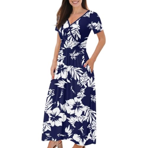 Image of Women's Fall Summer Short Sleeve Ankle Length V-Neck Party Dress with Pockets Size S-3XL