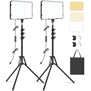 2 Pack LED Video Light with 63” Tripod Stand, Obeamiu 2500-8500K Dimmable Photography Studio Lighting for Video Film Recording/Collection Portrait/Live Game Streaming/YouTube Podcast, USB Charger