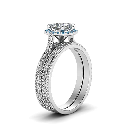 Image of Choose Your Gemstone Hand Engraved Halo Cushion Wedding Ring 925 Sterling Silver Cushion Shape Wedding Ring Sets Matching Jewelry Wedding Jewelry Easy to Wear Gifts US Size 4 to 12