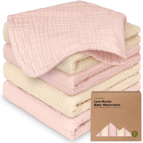 Image of 5-Pack Muslin Baby Washcloths for Newborn - 12x12 inch Soft Absorbent Organic Cotton Muslin Wash Cloths for Babies Girl, Boy, Infant, Toddlers, Kids Face Towel, Bath Essentials, Baby Burp Rags (Cameo)