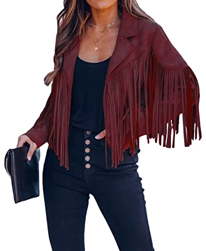 loveimgs Women Faux Suede Fringe Jacket Western Tassel Cropped Jacket Biker Motorcycle Leather Jacket, Wine Red, XX-Large