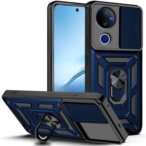 Image of SPAZY CASE Vivo T4R 5G Back Cover | Heavy Duty Hybrid Case with 360 Degree Rotating Finger Ring Holder + Slider Shutter Camera Protection Case for Vivo T4R 5G - Blue