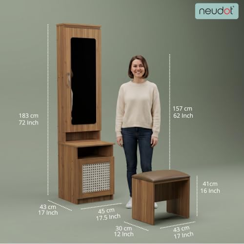 Image of NEUDOT Sakura Rattan Wooden Dressing Table With Mirror And Storage | Engineering Wood | Vanity Table With Mirror | Vanity Dressing Table For Bedroom, 12 Months Warranty | Leon Teak Finish,Brown