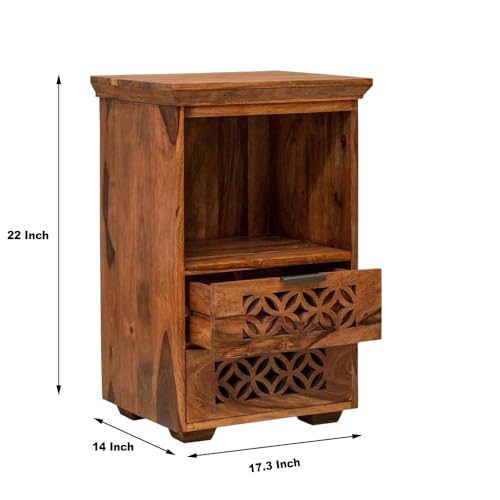 Image of Sheesham Wood Multipurpose Nightstand Small Side Table for Small Spaces End Table Bedside Tables with 2 Drawer & Shelf Storage for Living Room Bedroom (Design 4)