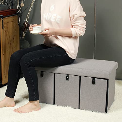 Pinplus Storage Ottoman With Drawers, Folding Storage Ottoman Bench, Foot Rest Stool, Shoes Bench Storage Box Toy Chest Linen Seat For Bedroom Living Room, Grey, 30 X 15 X 15 Inch #TOP1