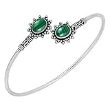 925 Silver Plated Natural Malachite Cuff Bracelet for Women - Light Weight Trendy Green Stone April Birthstone Vintage Style Open Bangle - Mother's Day Gifts for Her
