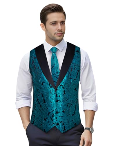 Image of DiBanGu Mens Paisley Suit Vest Silk Jacquard Waistcoat and Necktie Set Formal Shawl Collar Dress Vest 7PCS for Wedding Party