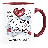 SpecialMe® Kaffee-Tasse personalisiert verliebte Strichmännchem Spruch Ich Deins Du Meins Wunschnamen Geschenk Liebe weiss-innen-bordeauxrot Keramik-Tasse